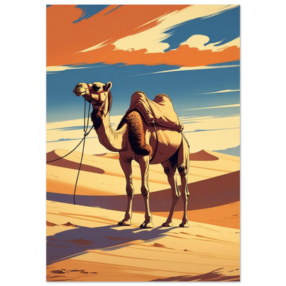 Kamel i vidsträckt ökenlandskap med orangea moln – retroinspirerad djurposter
