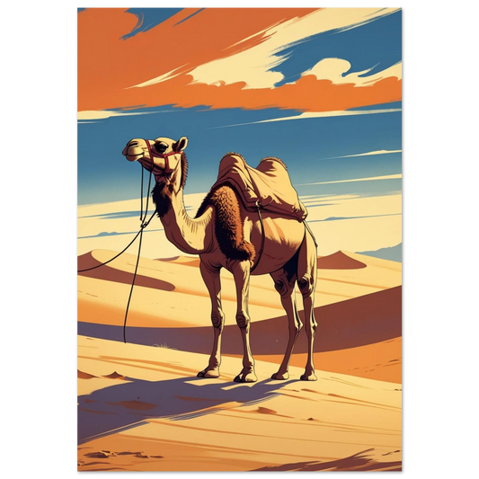 Kamel i vidsträckt ökenlandskap med orangea moln – retroinspirerad djurposter