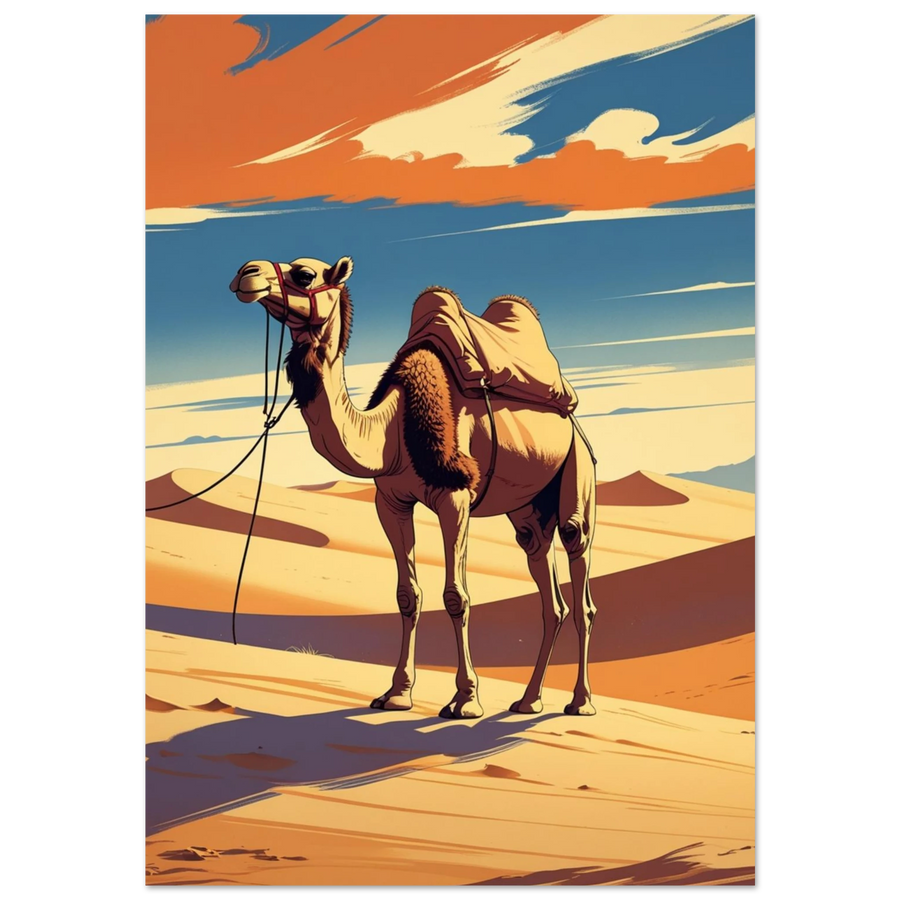 Kamel i vidsträckt ökenlandskap med orangea moln – retroinspirerad djurposter