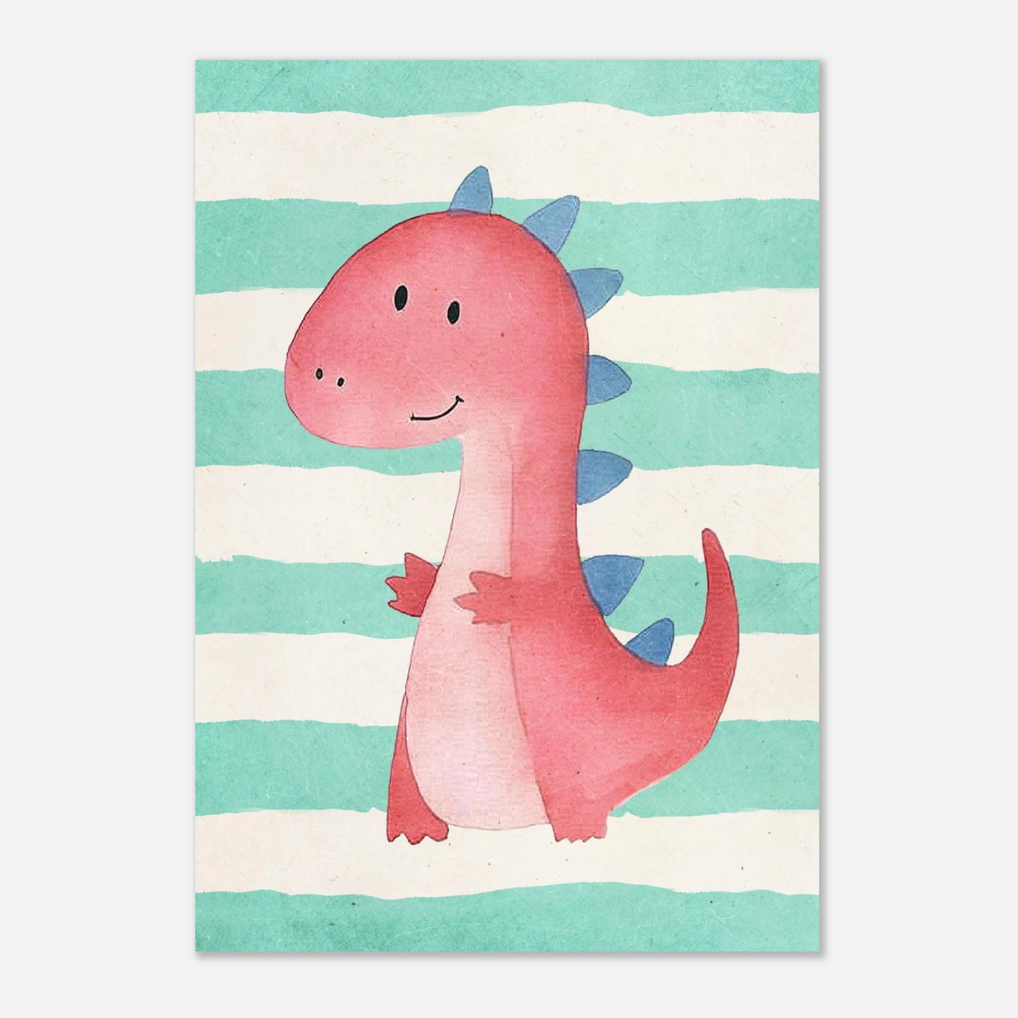 Lekfull djurposter med en rosa dinosaurie och mintgröna horisontella ränder