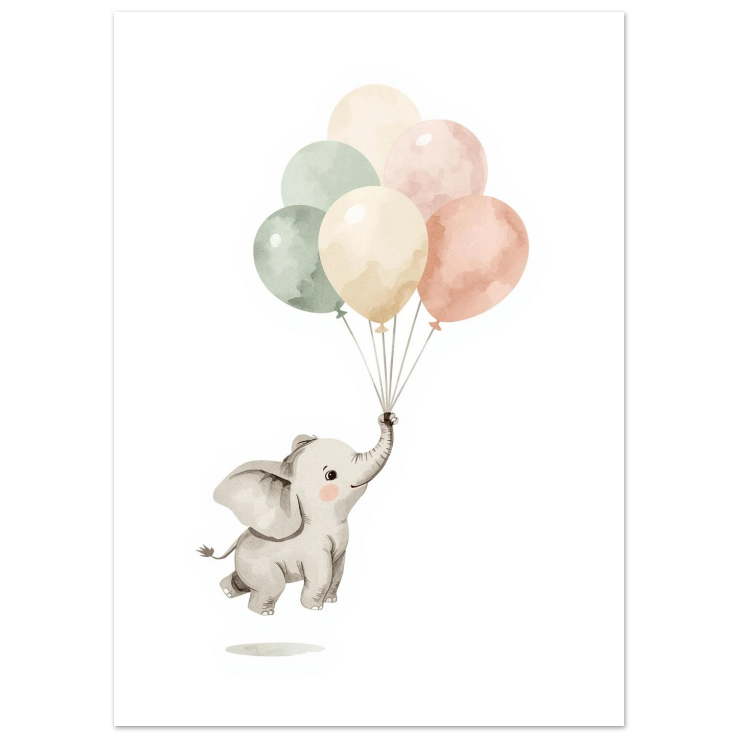 Flygande elefantunge med ballonger i dova pastelltoner, lekfull djurposter i akvarell