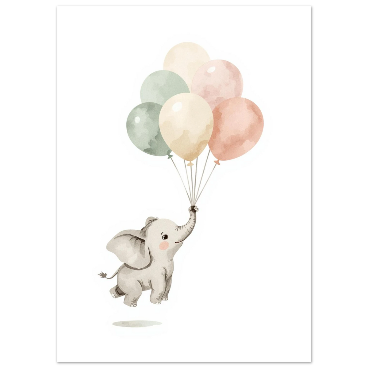 Flygande elefantunge med ballonger i dova pastelltoner, lekfull djurposter i akvarell