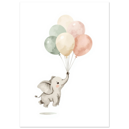 Flygande elefantunge med ballonger i dova pastelltoner, lekfull djurposter i akvarell