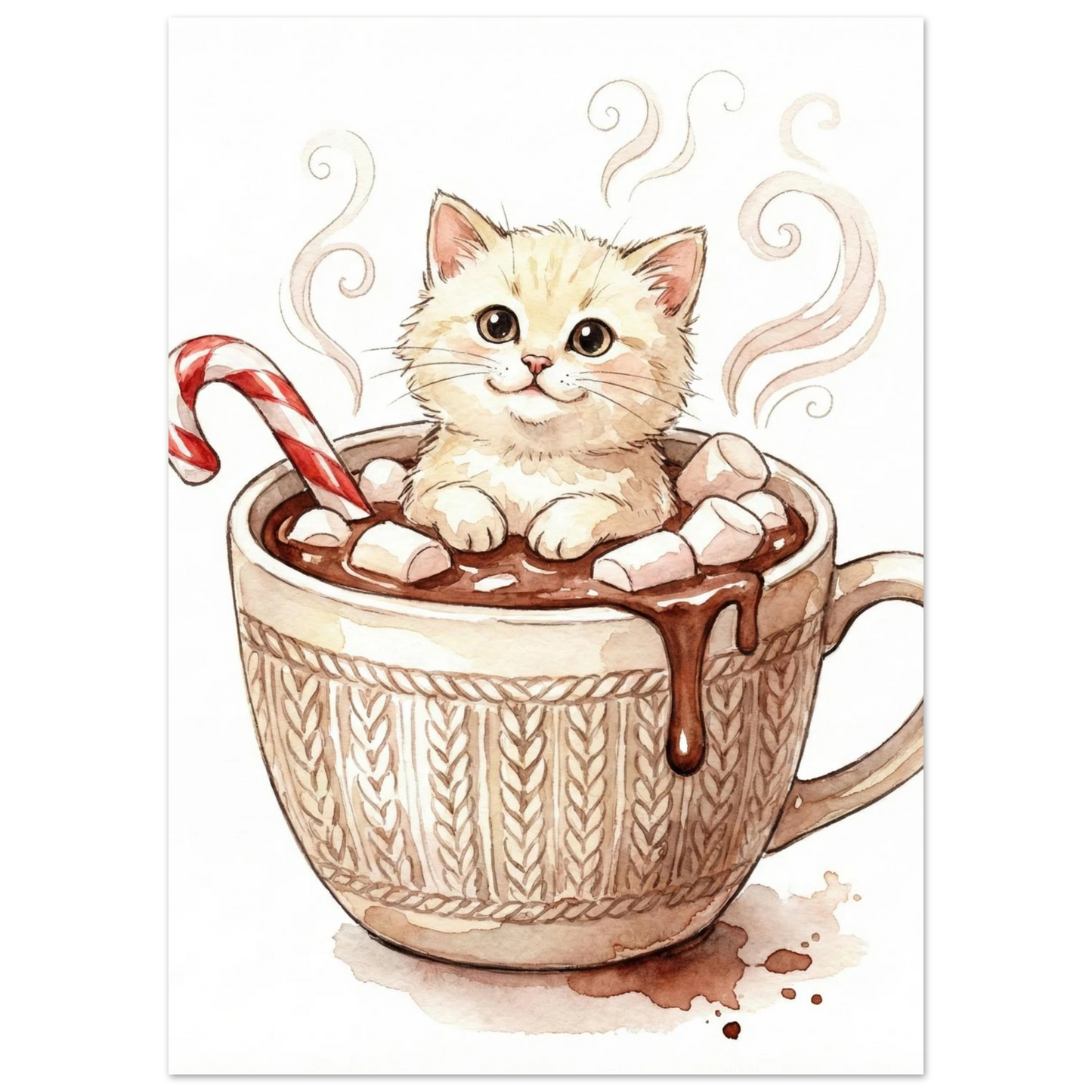 Söt kattunge som badar i choklad med marshmallows och polkagris