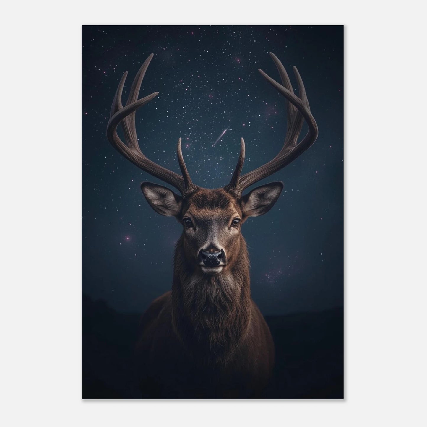 Konstnärligt print av en hjort med stjärnbilder som bakgrundsdetalj