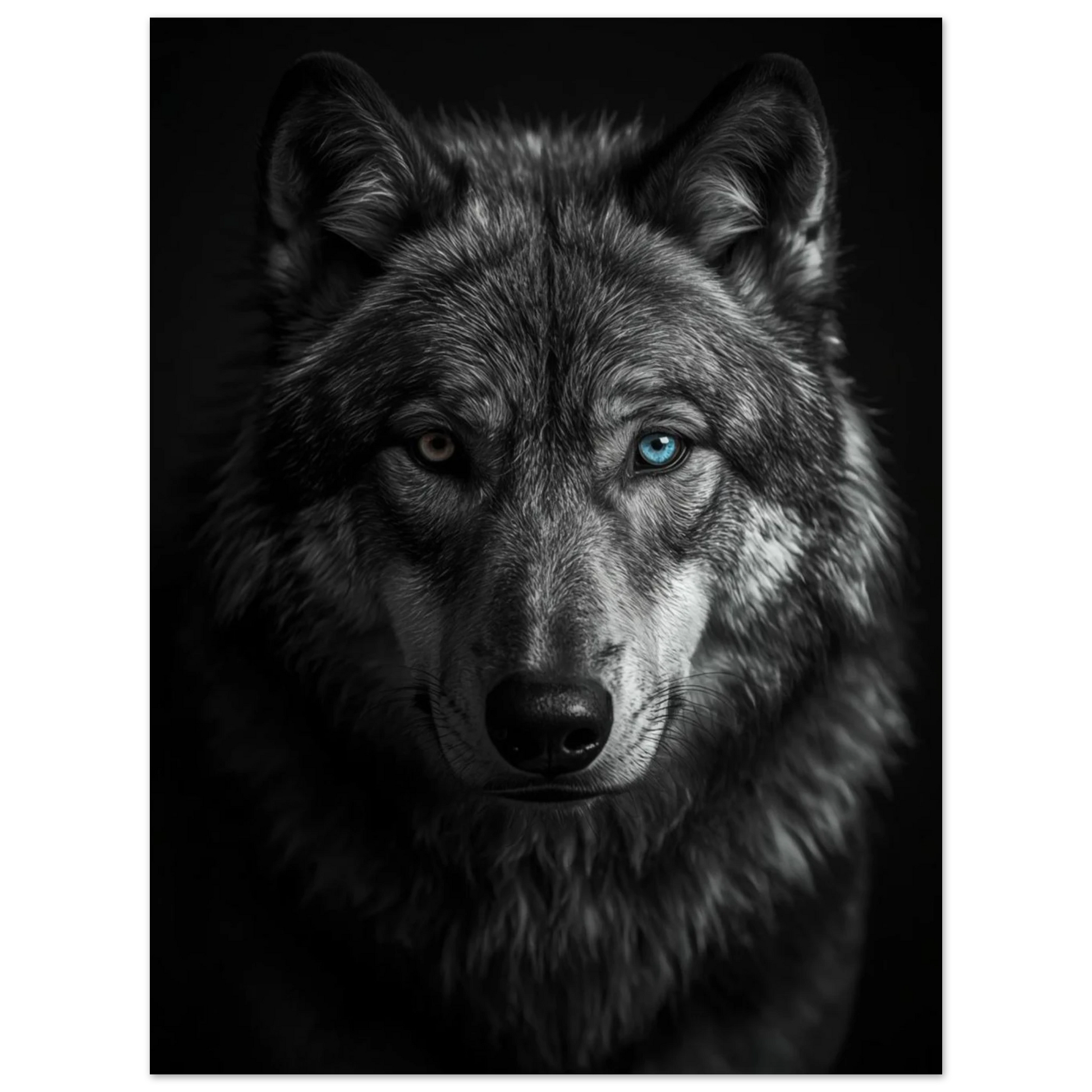 Närbild på en starkt svartvit vargs ansikte med ett gult och ett blått öga – fotorealistisk poster