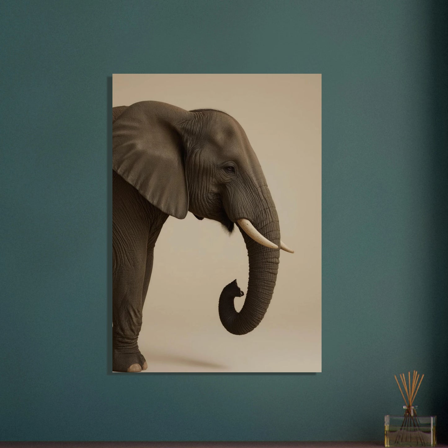 Majestätisk elefant i profil med betar, lugn och kraftfull.
