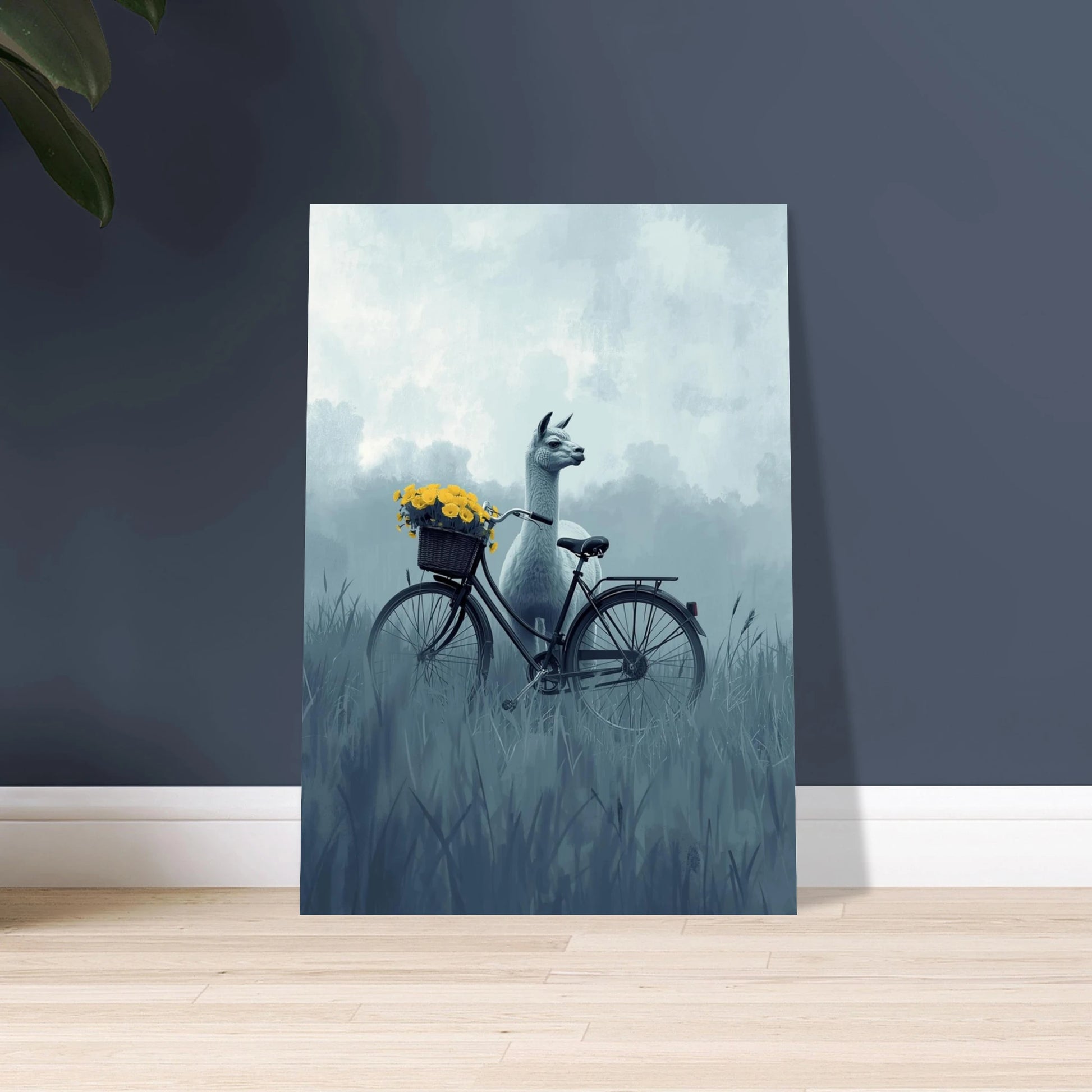 Lama i dimmig landsbygd med cykel och gula blommor.
