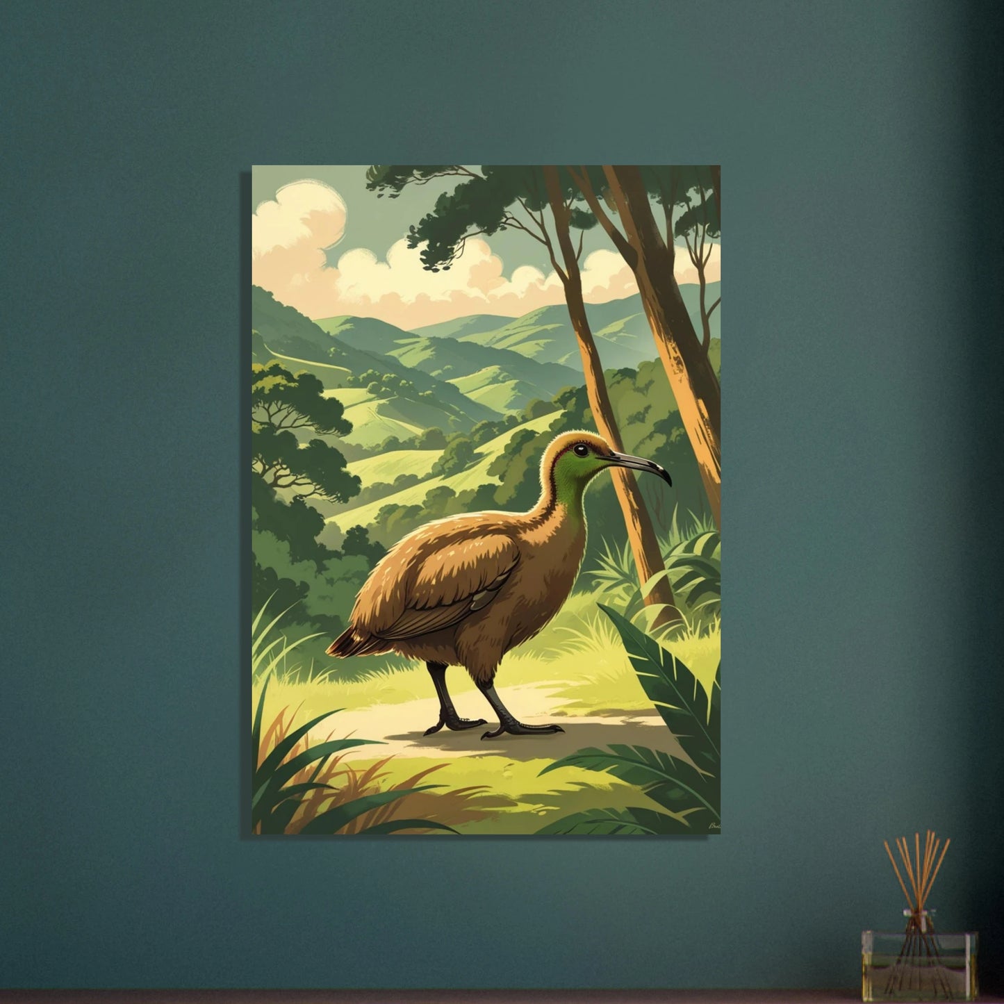 Kivi i frodigt grönt landskap, vintageinspirerad illustration av natur och djur.