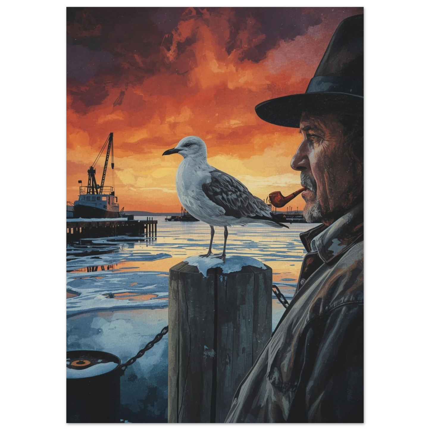 Sjöfågel och fiskare med pipa i vinterhamn, stämningsfull grafisk illustration
