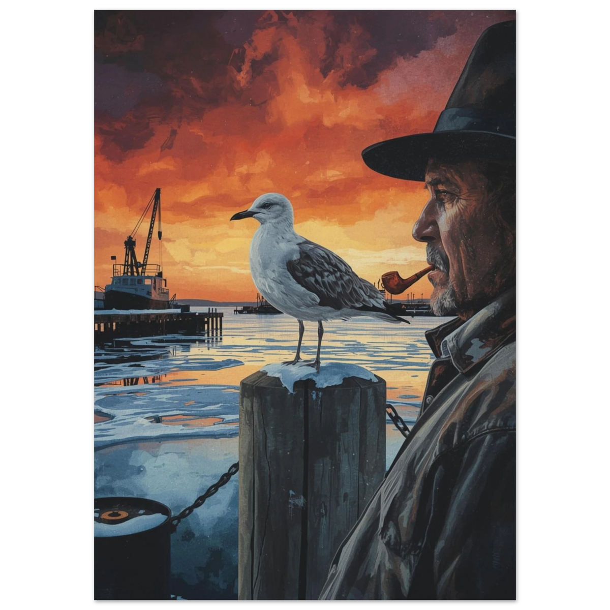 Sjöfågel och fiskare med pipa i vinterhamn, stämningsfull grafisk illustration