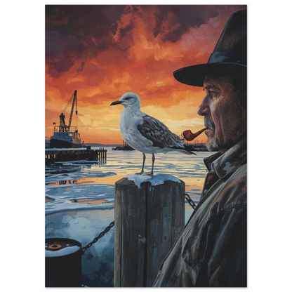 Sjöfågel och fiskare med pipa i vinterhamn, stämningsfull grafisk illustration