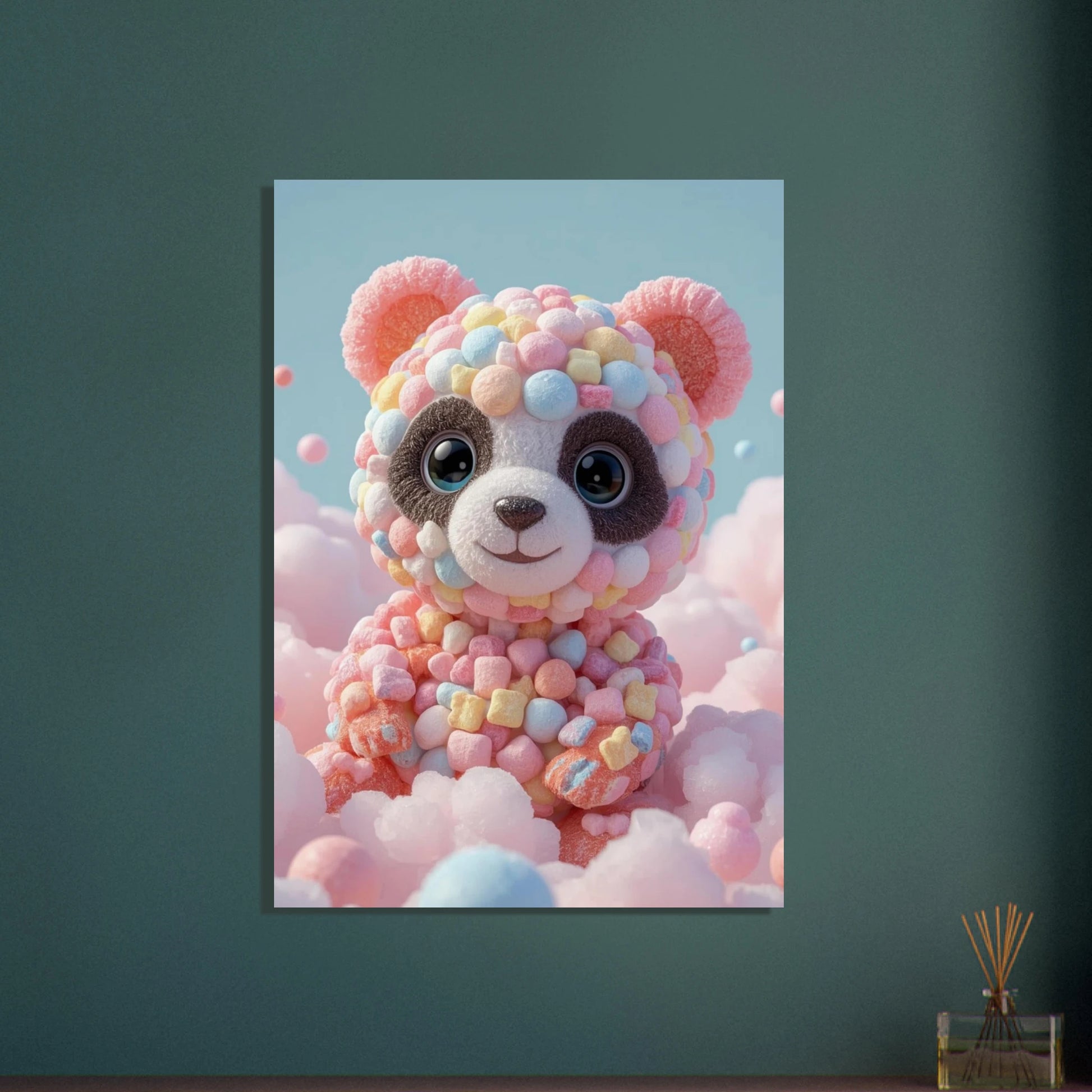 Söt panda gjord av färgglada godisar och marshmallows i sockervaddsmoln.