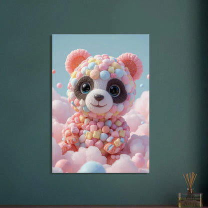 Söt panda gjord av färgglada godisar och marshmallows i sockervaddsmoln.