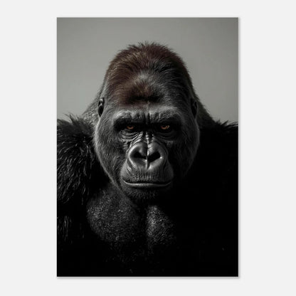Fotokonst av en gorilla med djup blick på grå bakgrund