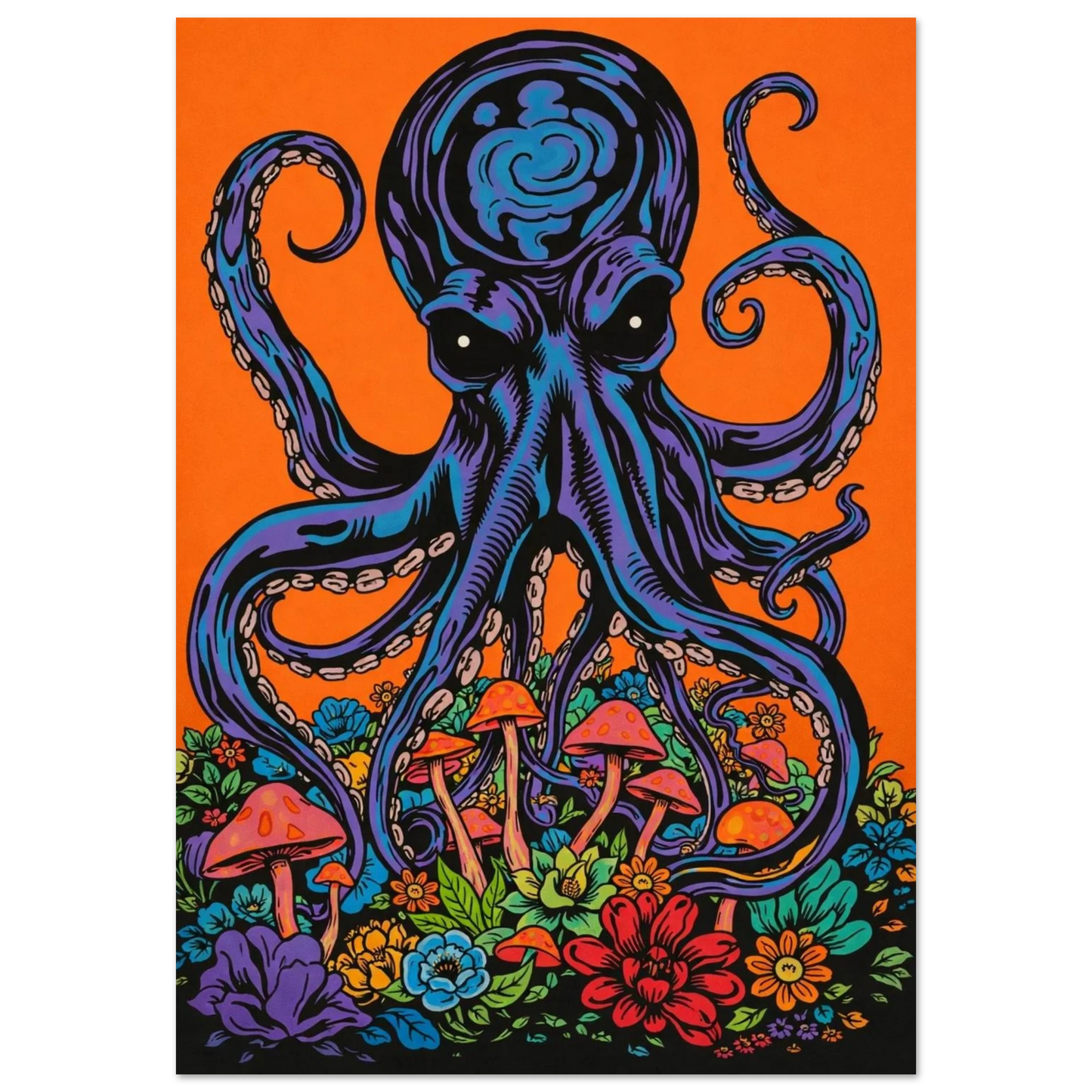Psykedelisk tavla med lila bläckfisk och färgglada svampar – grafisk poster