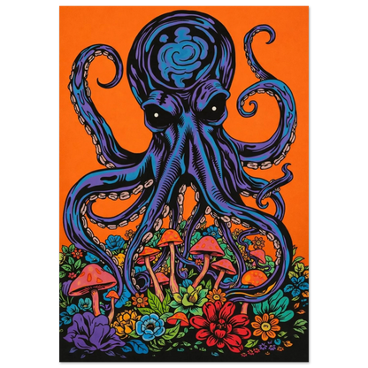 Psykedelisk tavla med lila bläckfisk och färgglada svampar – grafisk poster