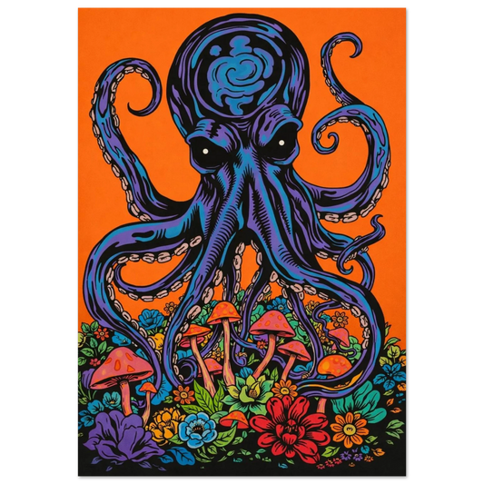 Psykedelisk tavla med lila bläckfisk och färgglada svampar – grafisk poster