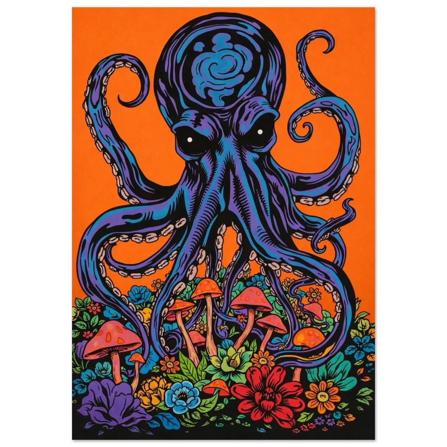Psykedelisk tavla med lila bläckfisk och färgglada svampar – grafisk poster
