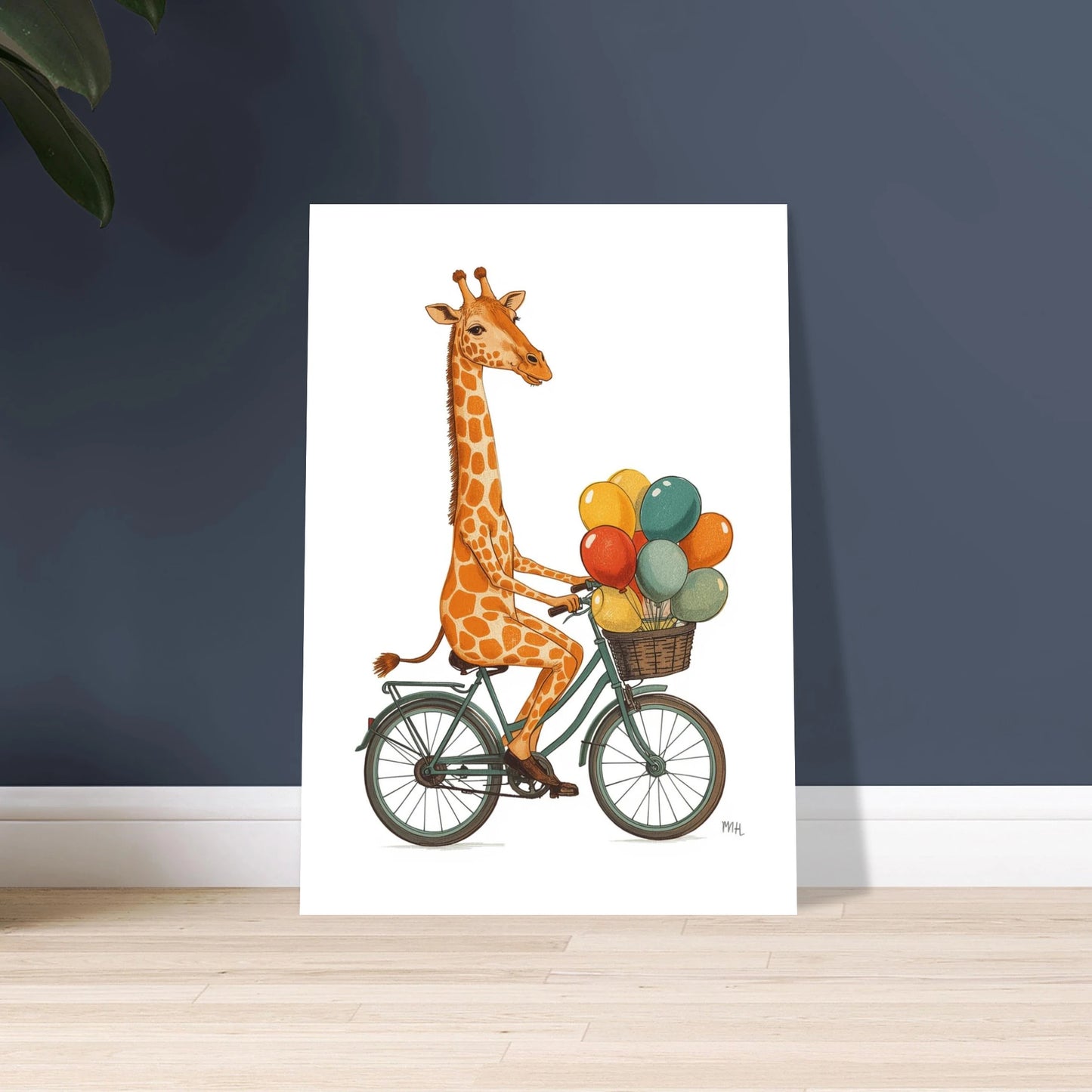 Lekfull giraff cyklar med färgglada ballonger, retrostil