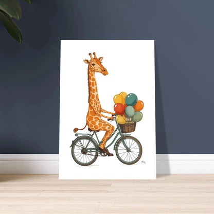Lekfull giraff cyklar med färgglada ballonger, retrostil