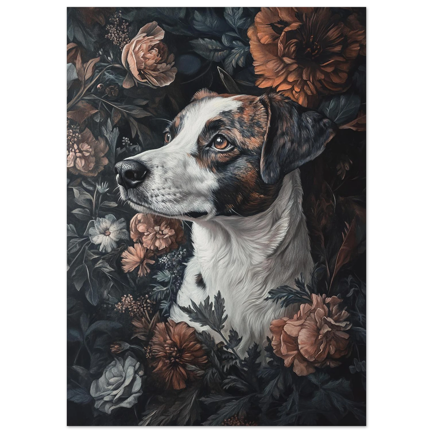 Närbild på hundmotiv i blomsterprakt med dämpade orangea och blå toner