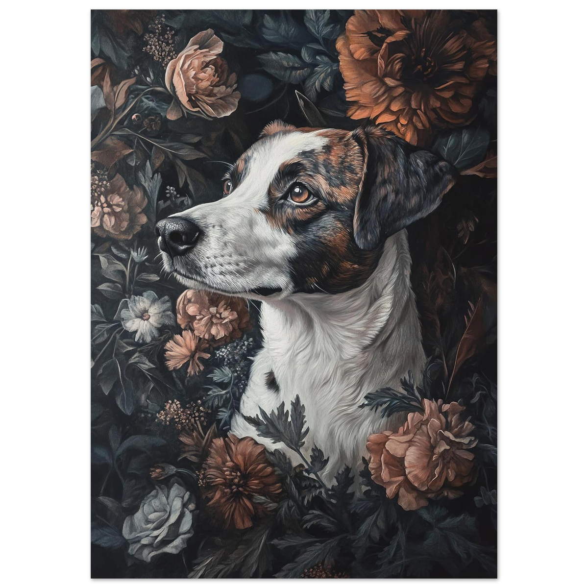Närbild på hundmotiv i blomsterprakt med dämpade orangea och blå toner