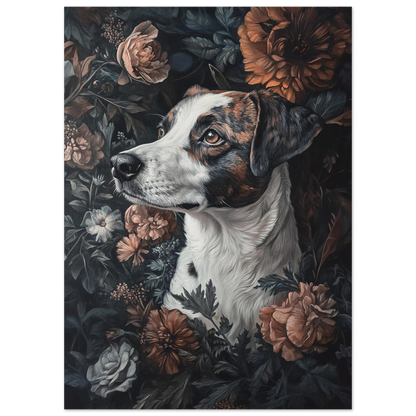 Närbild på hundmotiv i blomsterprakt med dämpade orangea och blå toner