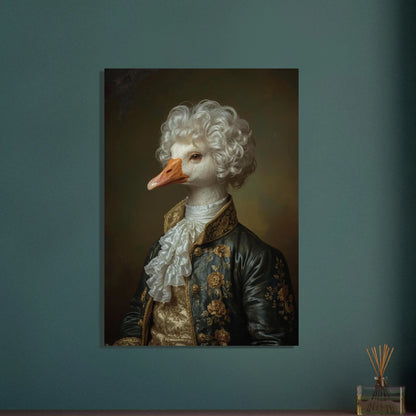 Aristokratisk gås i peruk och historiska kläder, elegant djurporträtt