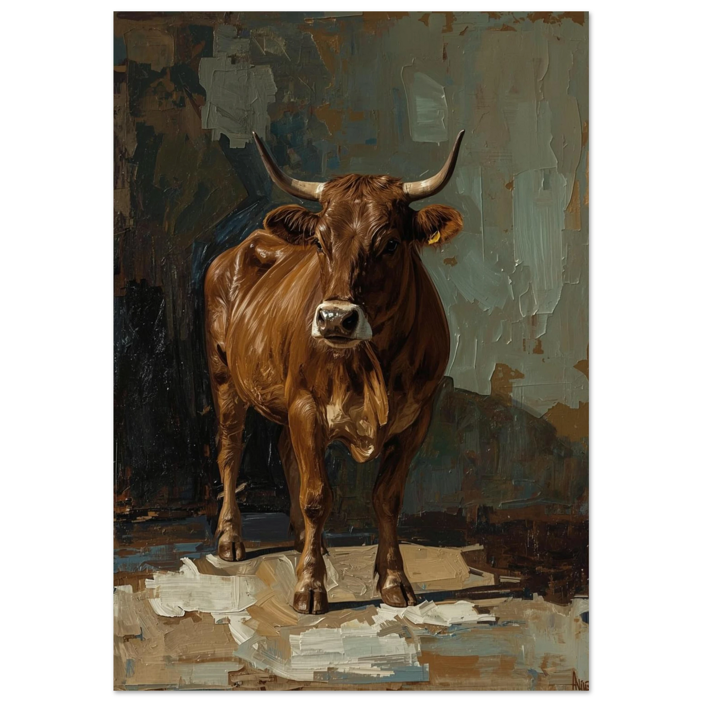 Brun ko med horn i kraftfull impasto-målning, konstnärlig djurposter