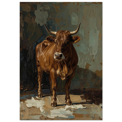 Brun ko med horn i kraftfull impasto-målning, konstnärlig djurposter