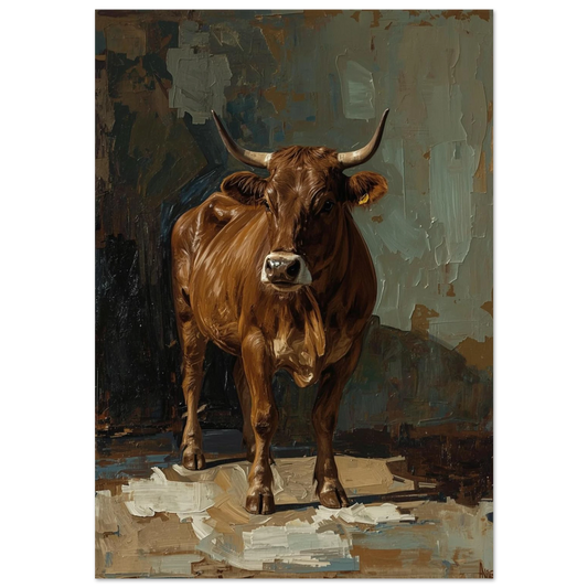 Brun ko med horn i kraftfull impasto-målning, konstnärlig djurposter