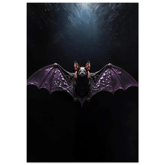 Fladdermus med lila vingar i kraftfull impasto oljemålning på svart bakgrund