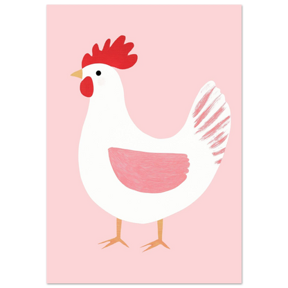 Vit tupp med röd kam på rosa bakgrund – grafisk poster