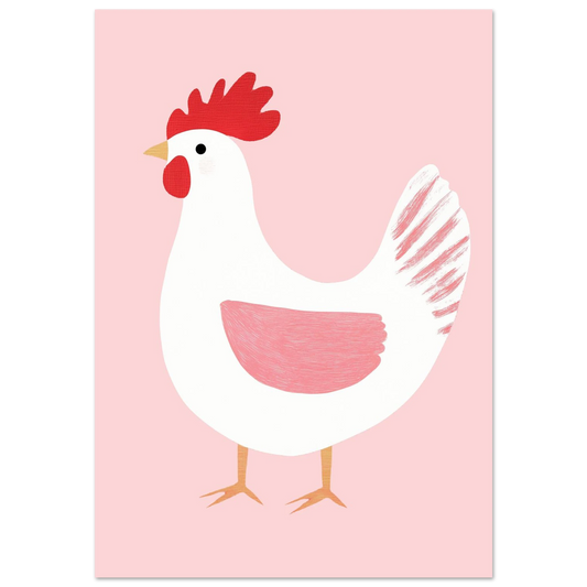 Vit tupp med röd kam på rosa bakgrund – grafisk poster