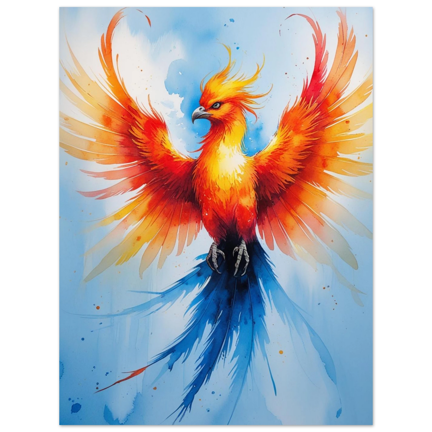Färgstark akvarellposter föreställande en fenix med blå stjärtfjädrar och gyllene huvud