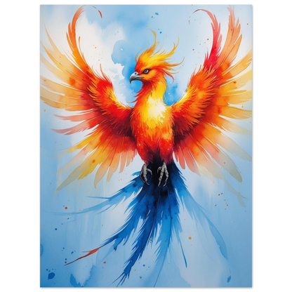 Färgstark akvarellposter föreställande en fenix med blå stjärtfjädrar och gyllene huvud