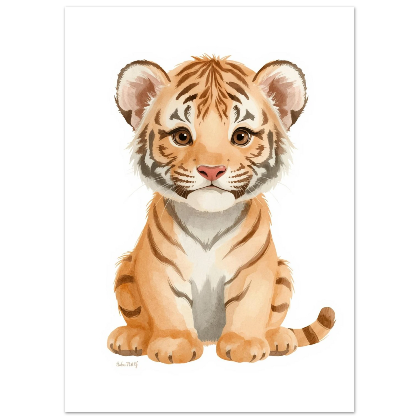 Illustration av en liten tiger med orangea ränder på vit bakgrund