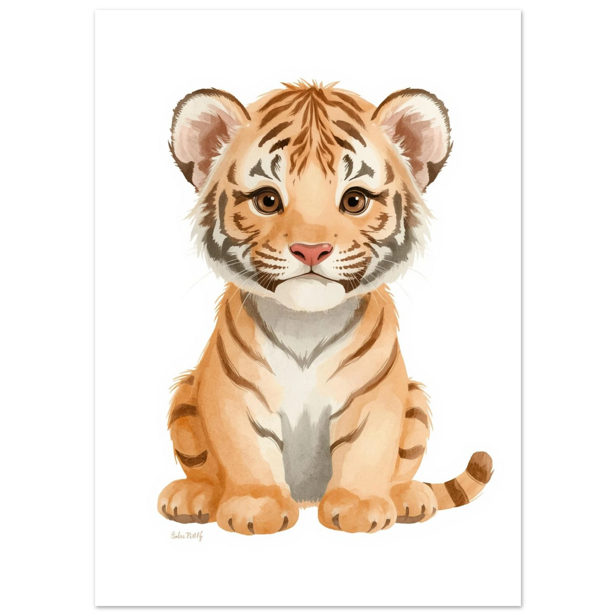 Illustration av en liten tiger med orangea ränder på vit bakgrund
