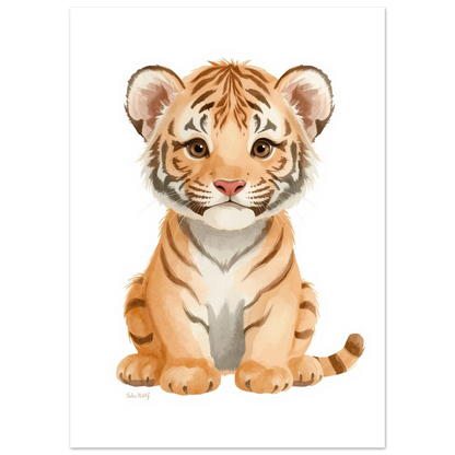 Illustration av en liten tiger med orangea ränder på vit bakgrund