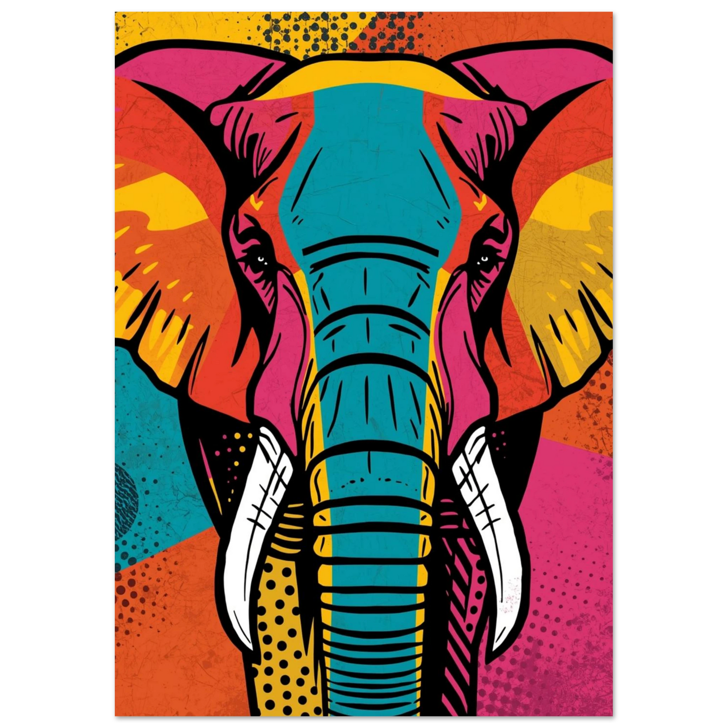 Grafisk illustration av en elefant med vita betar och prickig bakgrund