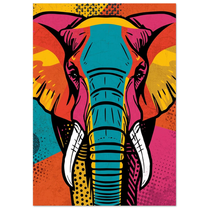 Grafisk illustration av en elefant med vita betar och prickig bakgrund