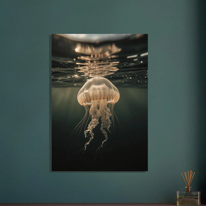 Manet i vattnet, eterisk och drömlik undervattensbild med solljus.