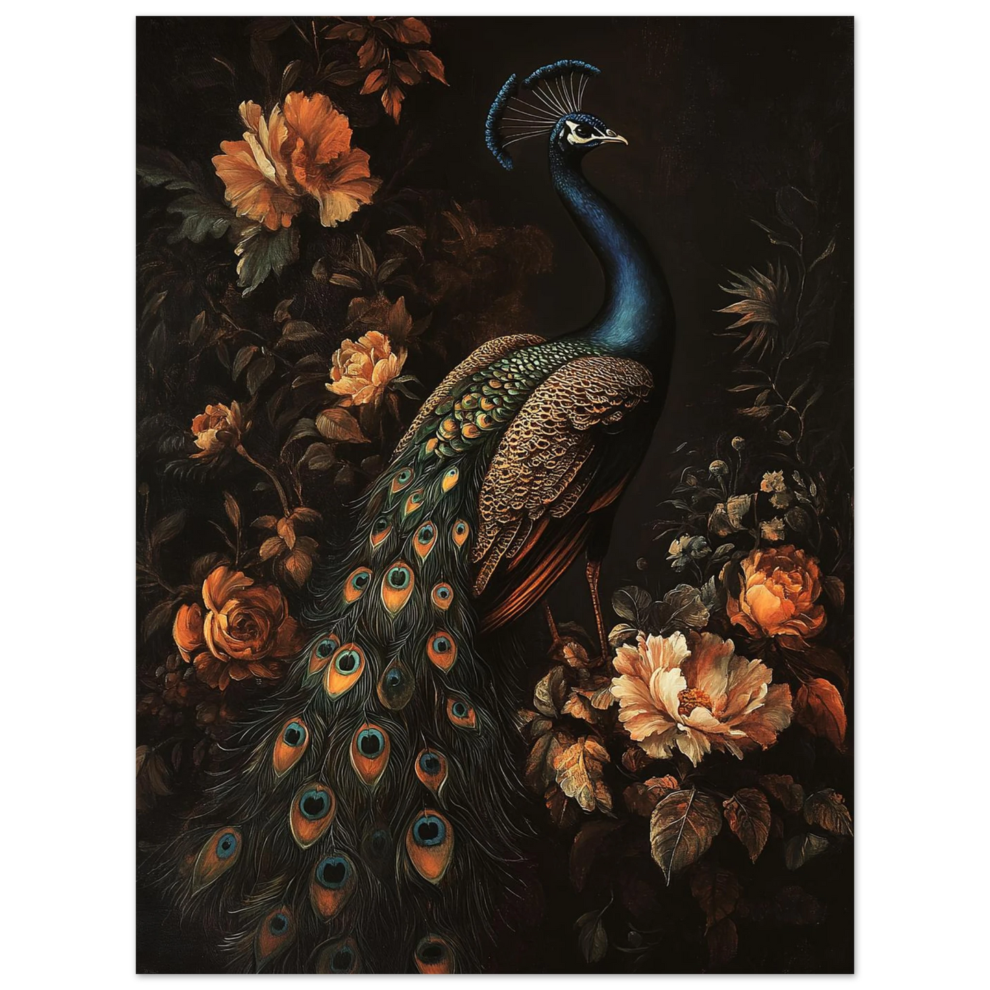 Mörkt naturmotiv med påfågel och detaljerade fjäderögon i barockstil