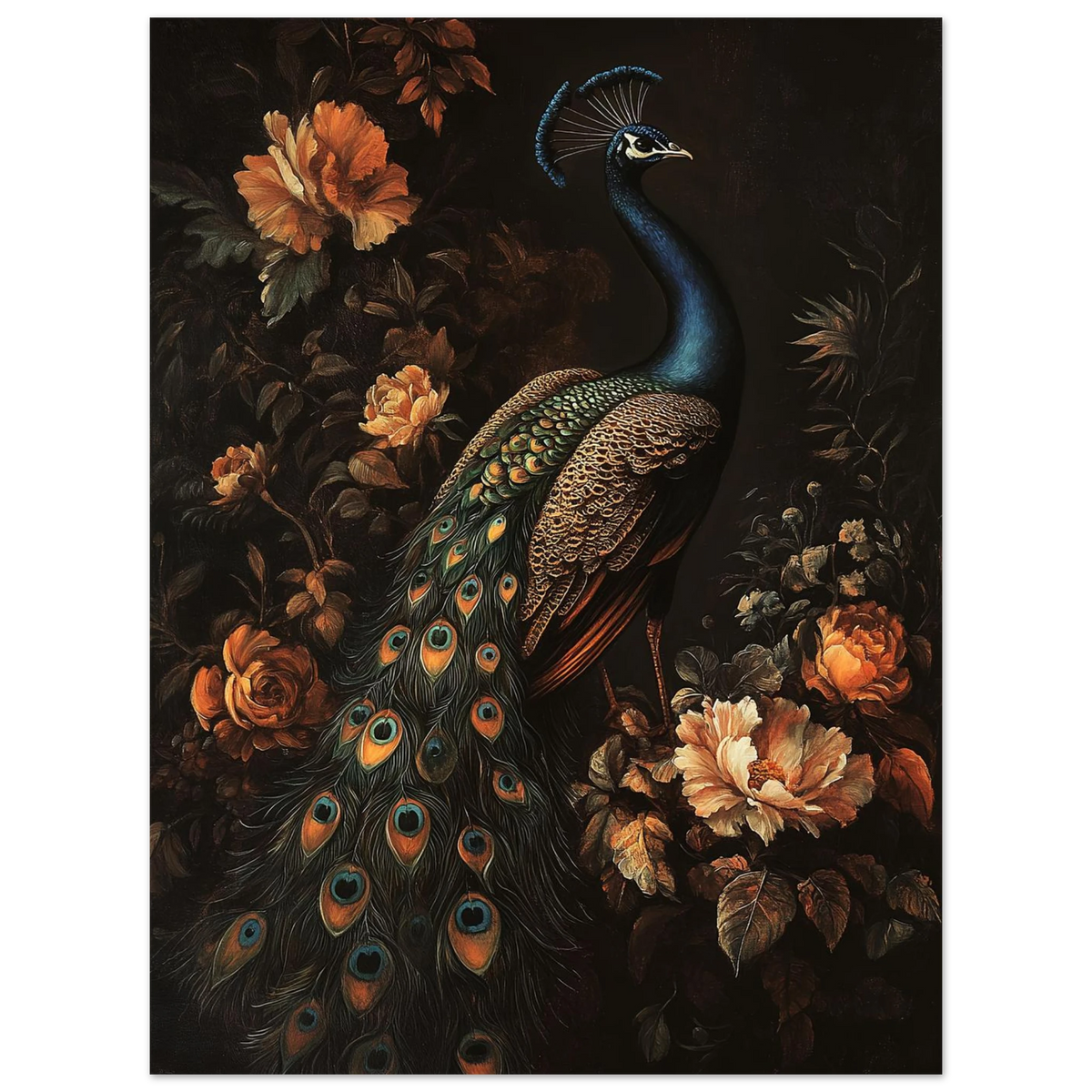 Mörkt naturmotiv med påfågel och detaljerade fjäderögon i barockstil