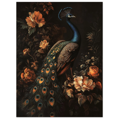 Mörkt naturmotiv med påfågel och detaljerade fjäderögon i barockstil