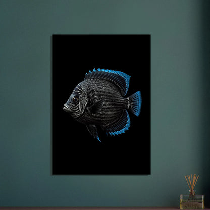 Detaljerad fisk med lysande blå fenor mot mörk bakgrund