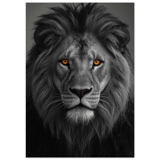 Närbild på ett lejonhuvud i svartvitt med lysande orangea ögon – Fotorealistisk poster
