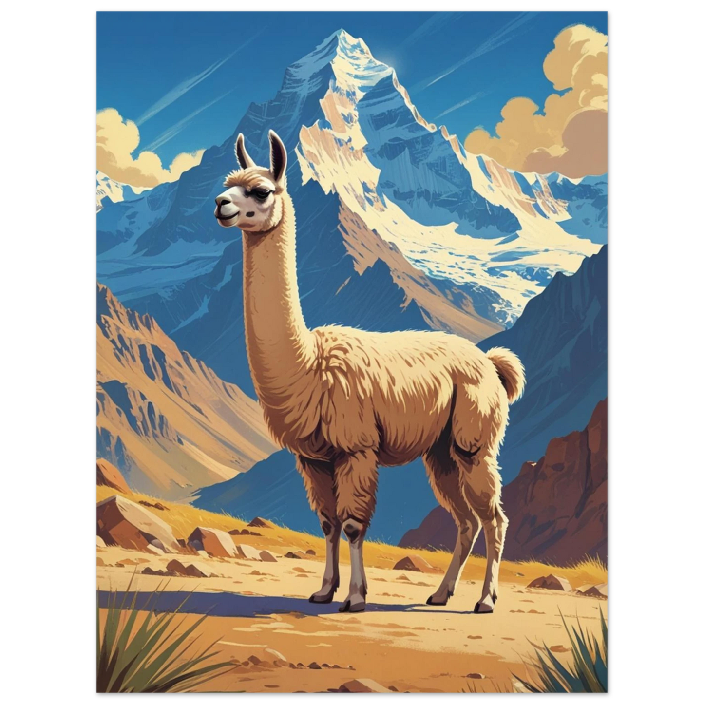 Grafisk illustration av en lama som blickar ut över en dalgång