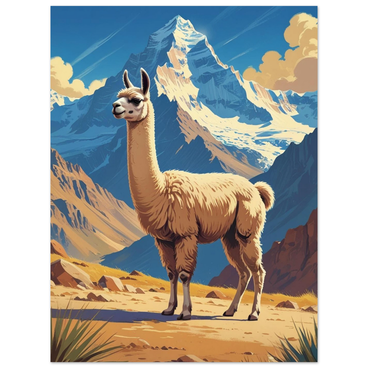 Grafisk illustration av en lama som blickar ut över en dalgång